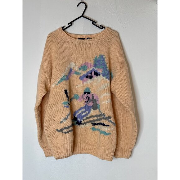 VIntage‎ 1980's Gap Hand Knit Chunky Ski Graphic Scotland Wool Peach Orange Lg - Picture 1 of 7